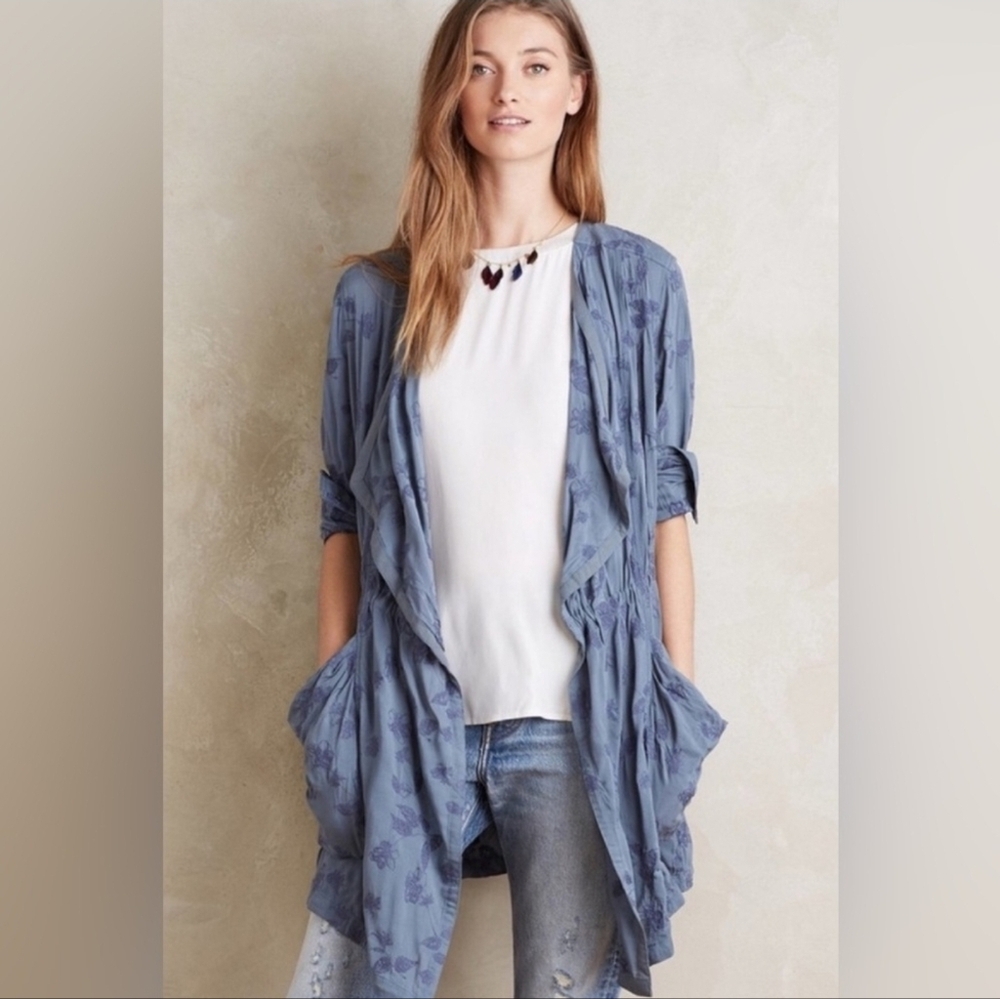 EUC Anthro Hei Hei Blue Floral Open Front Jacket XS